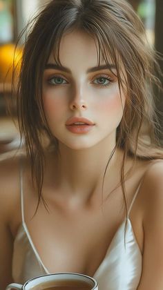 Woman with long messy hair and green eyes holding a cup