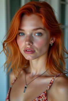 Woman with red hair and blue eyes wearing a floral print top and necklace