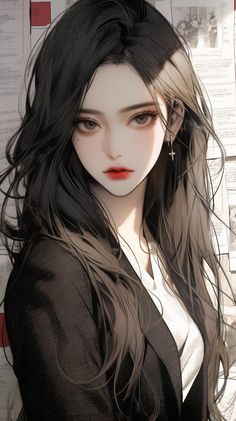 Illustration of a woman with long black hair and red lipstick wearing a black blazer