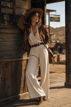 Woman in a cowboy hat and western attire leaning against a wooden building