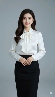 Woman in a white bow-collar blouse and black skirt with long dark hair