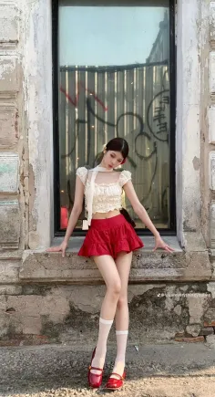 Woman in a red skirt and white crop top posing outdoors