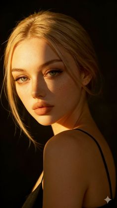 Blonde woman with green eyes and freckles in soft golden hour lighting