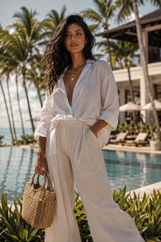 Woman in a white linen outfit holding a straw bag by a swimming pool
