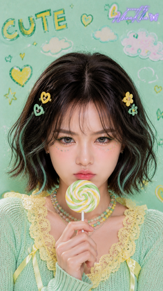 Woman with short hair and green highlights holding a lollipop against a pastel green background