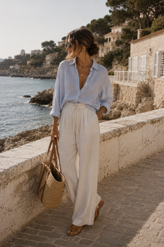 Woman in a striped shirt and wide leg pants walking along a coastline