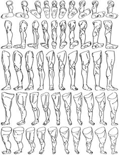 Line art illustration of human legs and feet from various angles for anatomical study