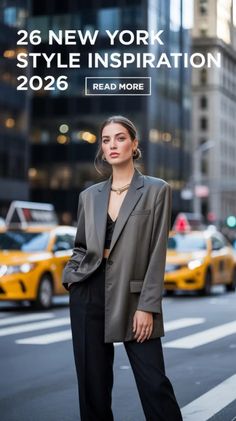 Woman in an oversized blazer and black crop top on a city street with yellow taxis