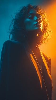 Woman with curly hair in dramatic orange and blue lighting