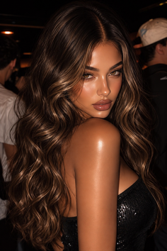 Woman with long wavy brown hair and glowing skin wearing a sequined strapless top