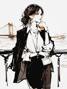 Woman in a black suit and white shirt holding a drink with a cityscape background