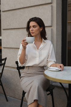 Woman in a white shirt and midi skirt drinking coffee at an outdoor cafe