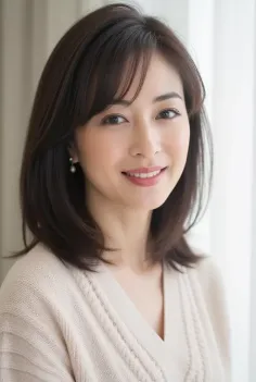 Woman with short dark hair and pearl earrings wearing a v-neck sweater