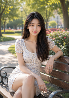 Woman in a floral dress sitting on a park bench outdoors
