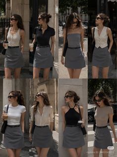 Multiple women in various tops and gray mini skirts on a city street