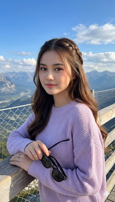 Woman with braided long hair in a lavender sweater holding sunglasses on a mountain top