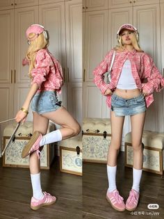 Blonde woman in a pink plaid shirt and denim skirt posing indoors