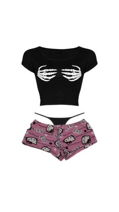 Black crop top with skeleton hands and pink Hello Kitty shorts with thong