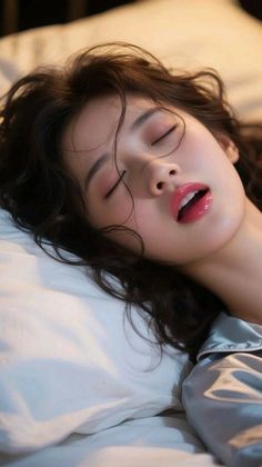 Woman with long dark hair sleeping on a white pillow
