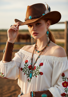Woman in a cowboy hat and embroidered off-shoulder top with turquoise jewelry outdoors