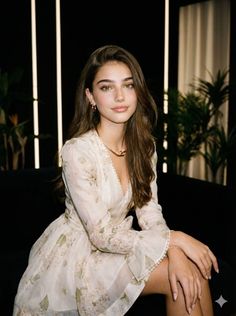 Woman with long brown hair wearing a floral dress indoors
