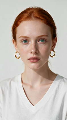 Woman with red hair, green eyes, and freckles wearing a white t-shirt and gold hoop earrings