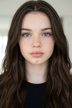 Young woman with long brown hair and blue eyes looking directly at the camera
