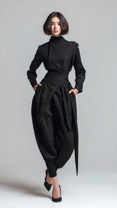 Woman in a black high-fashion outfit posing in a studio