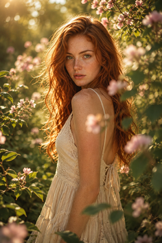 Woman with red hair and freckles in a lace dress surrounded by flowers at golden hour