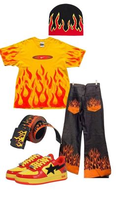 Collection of clothing items with flame print designs