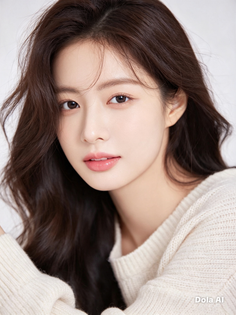 Woman with long brown hair wearing a white sweater, looking at the viewer