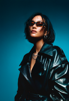 Woman with short hair and sunglasses wearing a leather jacket against a blue background