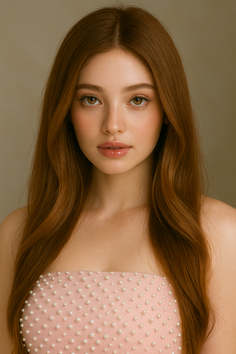 Woman with long red hair wearing a pink strapless dress with pearls