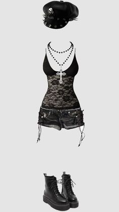 Gothic-style outfit with a lace top, denim shorts, combat boots, and spiked hat