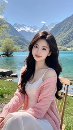 Woman with long dark hair in a pink cardigan by a mountain lake