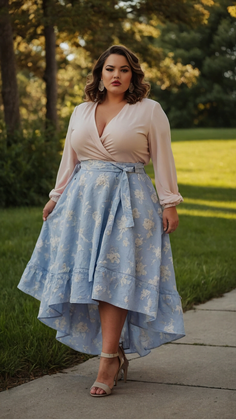 Woman in a light pink top and blue floral high-low skirt outdoors