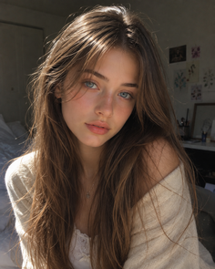 Woman with long brown hair and blue eyes in soft natural light