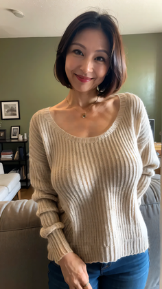 Woman with short hair wearing a beige sweater and jeans indoors