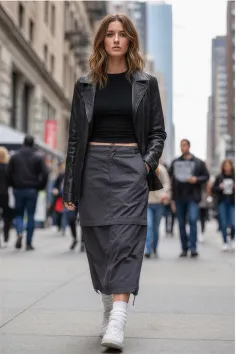 Woman in a black leather jacket and midi skirt walking on a city street