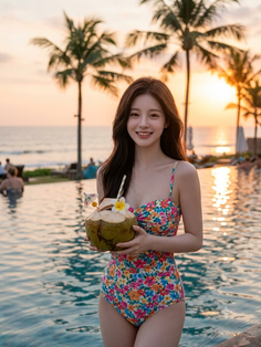 Woman in a floral swimsuit holding a coconut drink by a pool at sunset