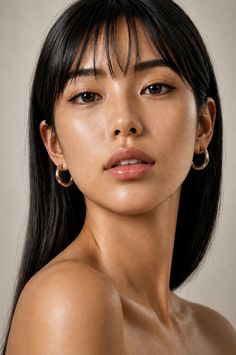 Woman with long black hair and hoop earrings, looking directly at the camera