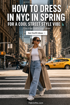 Woman in a trench coat and jeans walking across a crosswalk in a city