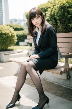 Woman in a business suit and pantyhose sitting on a park bench outdoors