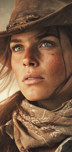 Woman with a cowboy hat and bandana, looking into the distance