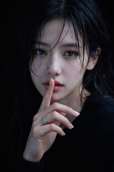 Woman with wet black hair and blue eyes, finger to lips, against a dark background