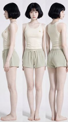 Woman with short black hair in a tank top and shorts, shown from multiple angles