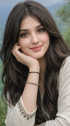 Woman with long brown hair and green eyes, wearing an embroidered shirt outdoors