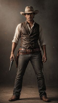 Man in cowboy attire holding a revolver with dramatic lighting