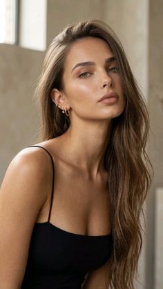 Woman with long brown hair and multiple ear piercings wearing a black top