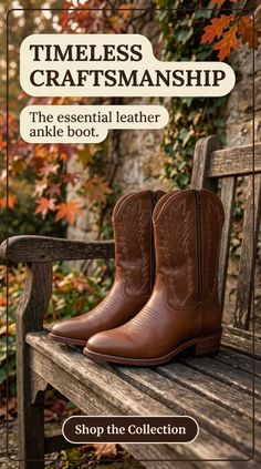 Pair of brown leather cowboy boots on a wooden bench outdoors with autumn leaves